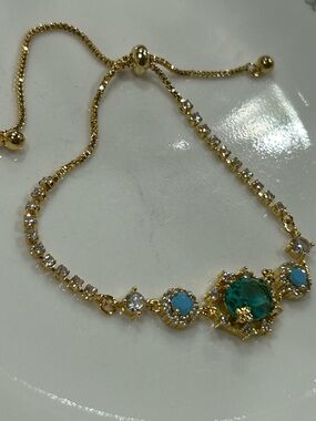 Gold-Plated Women’s Bracelet with Emerald and Turquoise gem Stones clear crystal
